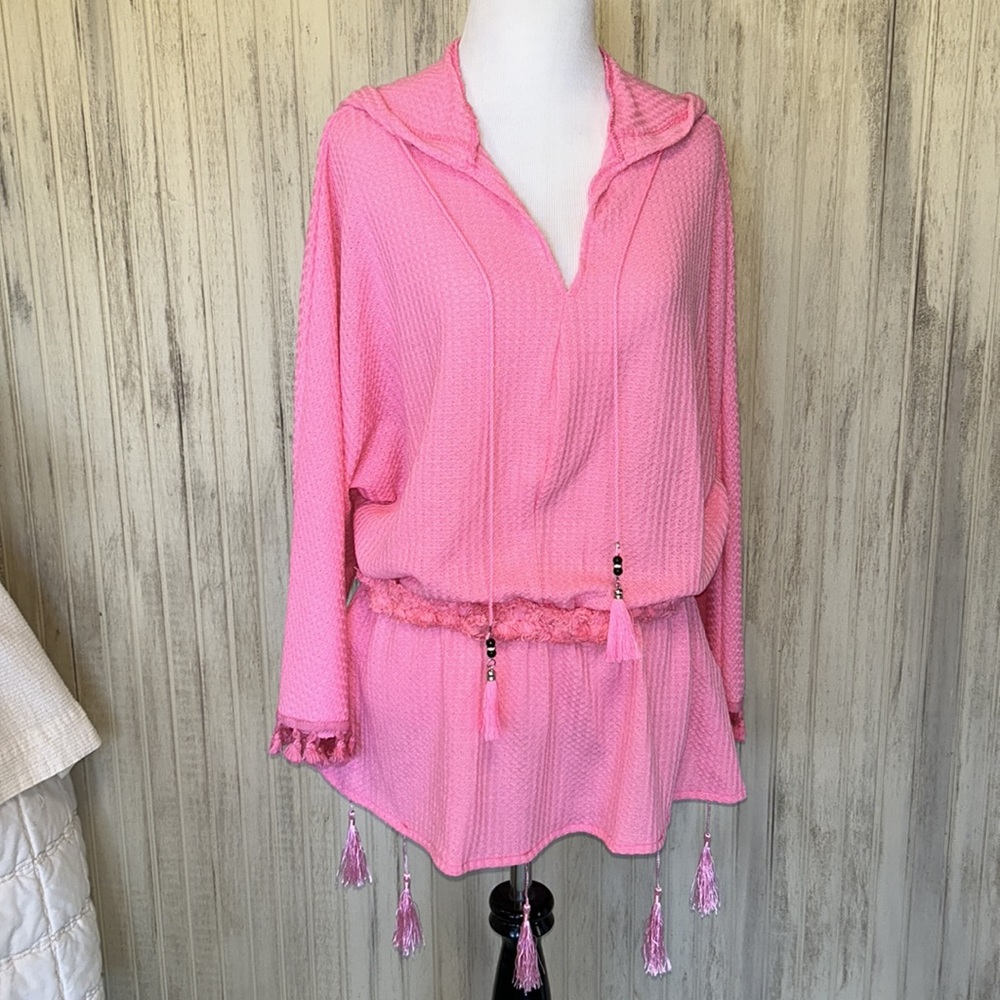 MissLook Hot Pink Tasseled Hoodie Tunic, Swimsuit Coverup, EUC, size La…